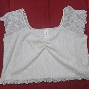Abound Lace Crop Top Women’s Size 1X Ivory V-neck Cap Sleeves‎